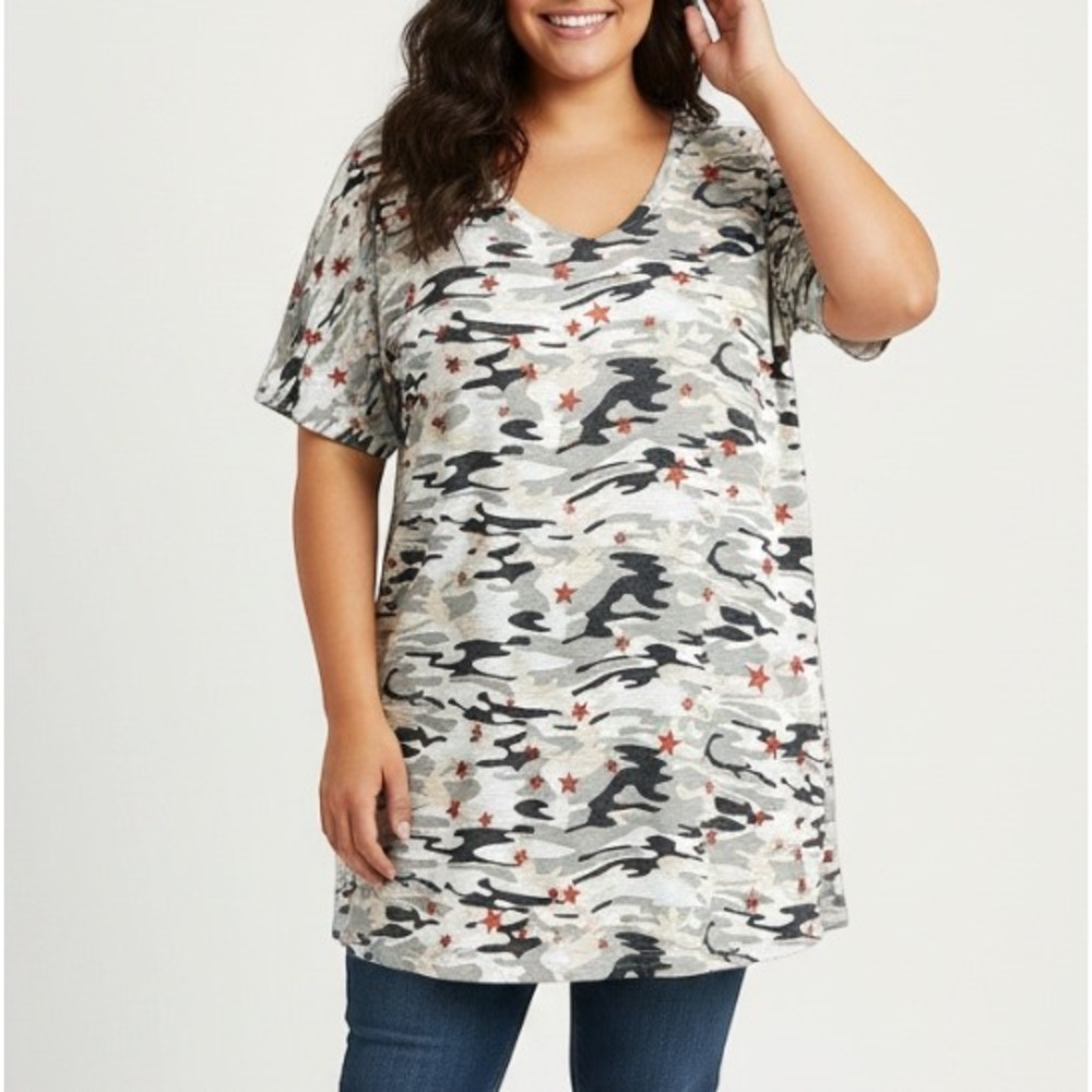 NALLY & MILLIE Multi-Colored CAMO/AMERICAN FLAG Jersey Knit Top Tunic PLUS OS/1X